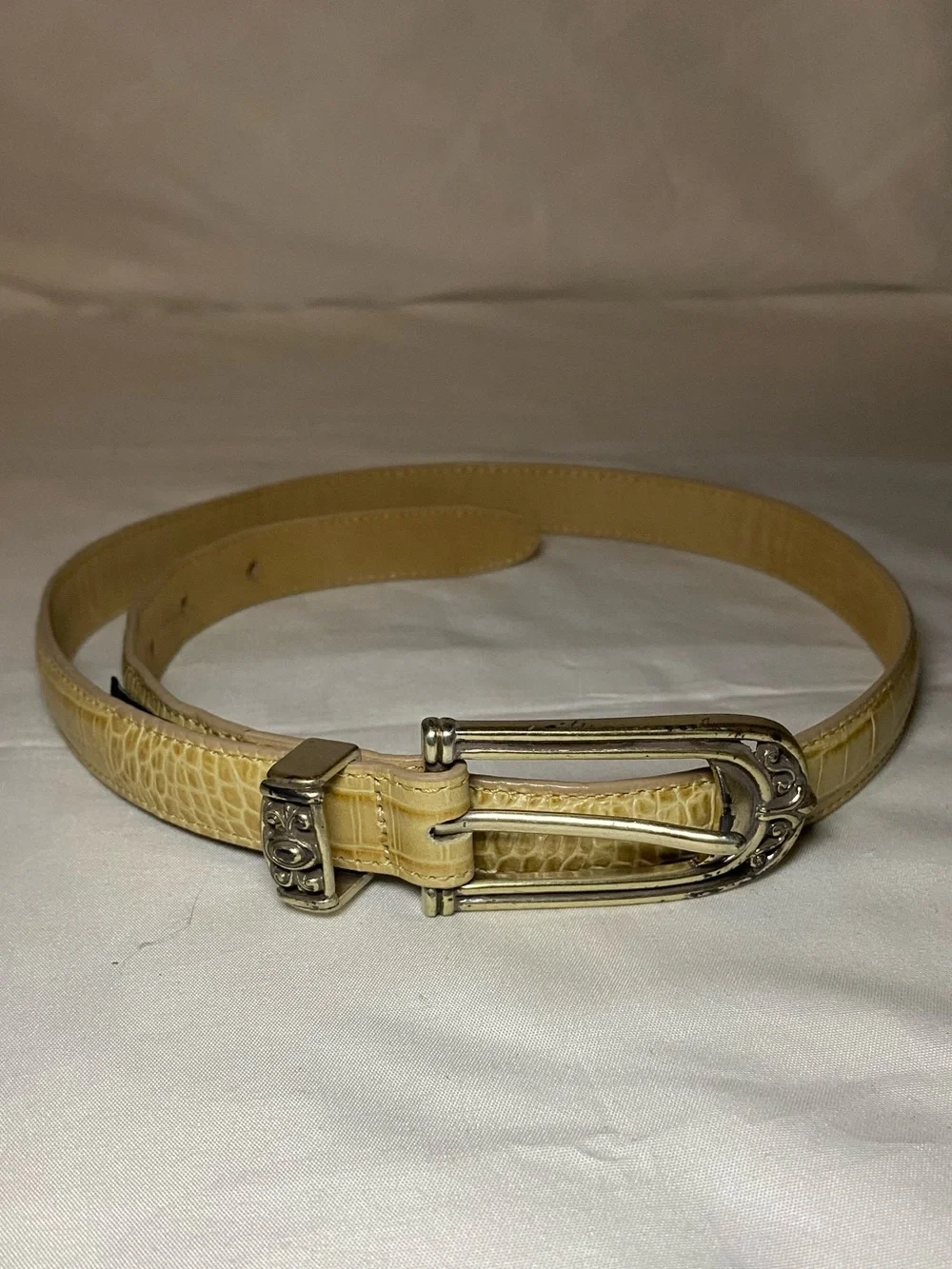 Brighton Croc-Embossed Yellow Leather Belt with Silver-Tone Buckle